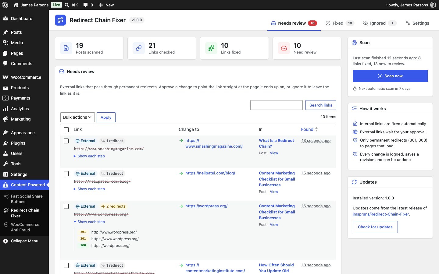 External links that pass through redirects wait for your approval, with every step shown.