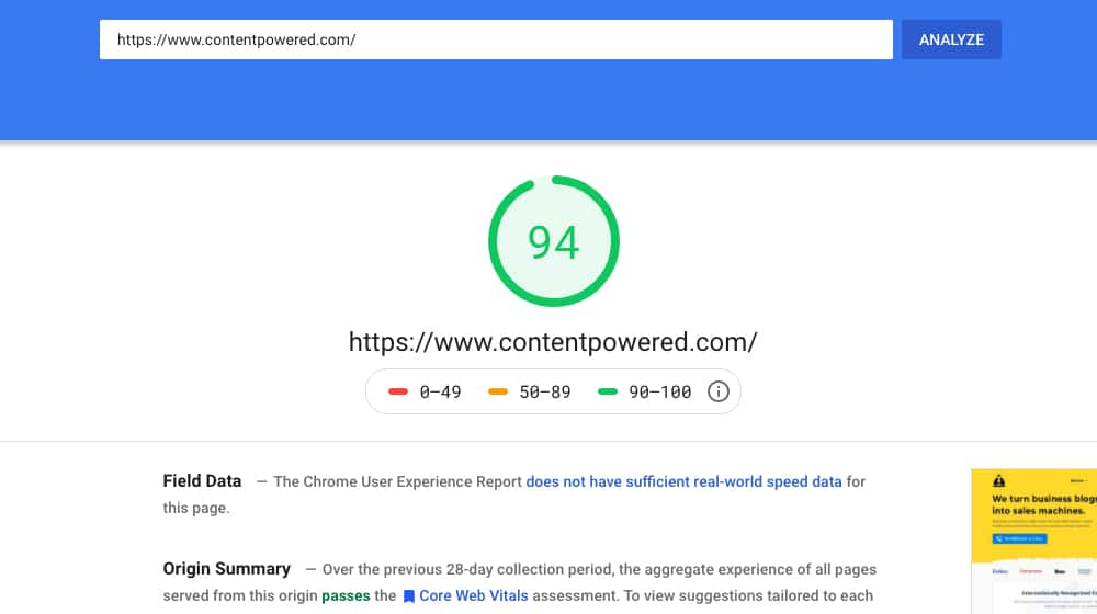 Content Powered Pagespeed Insights Score