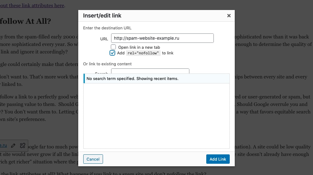Inserting A Nofollow Link