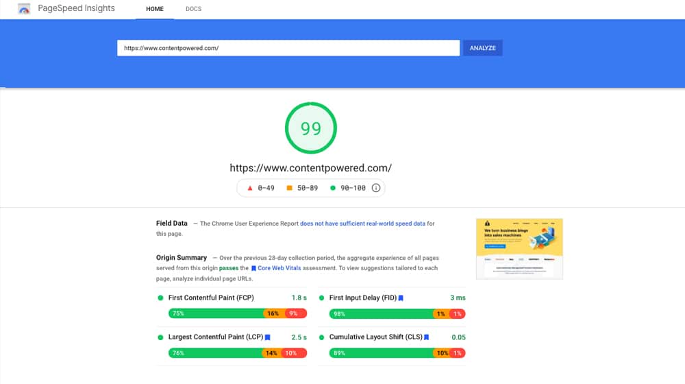 A Pagespeed Insights Score Example