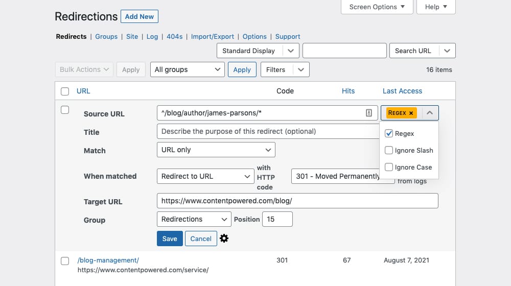 Redirections Advanced Options