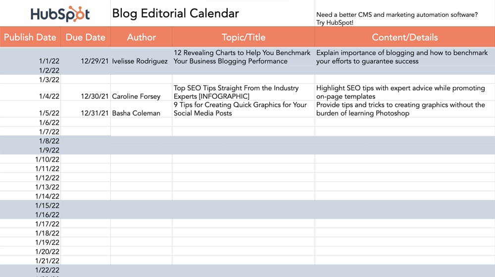 Hubspot Content Calendar