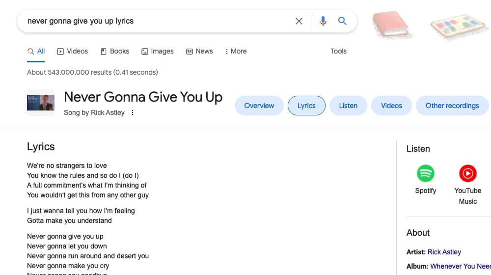 Example Lyrics On Google Featured Snippet