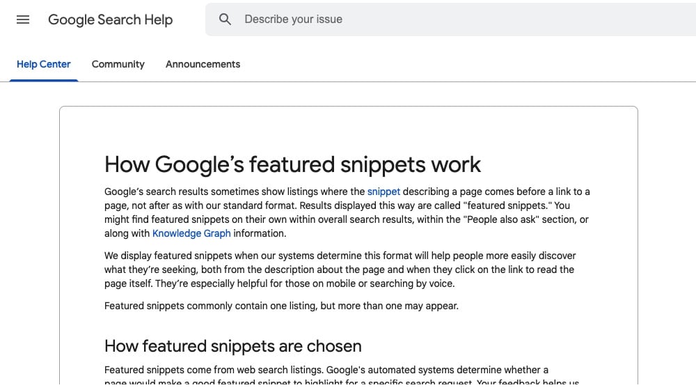 Google Search Help Page On Featured Snippets