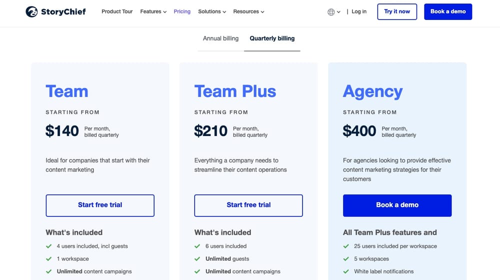 Storychief Pricing Page