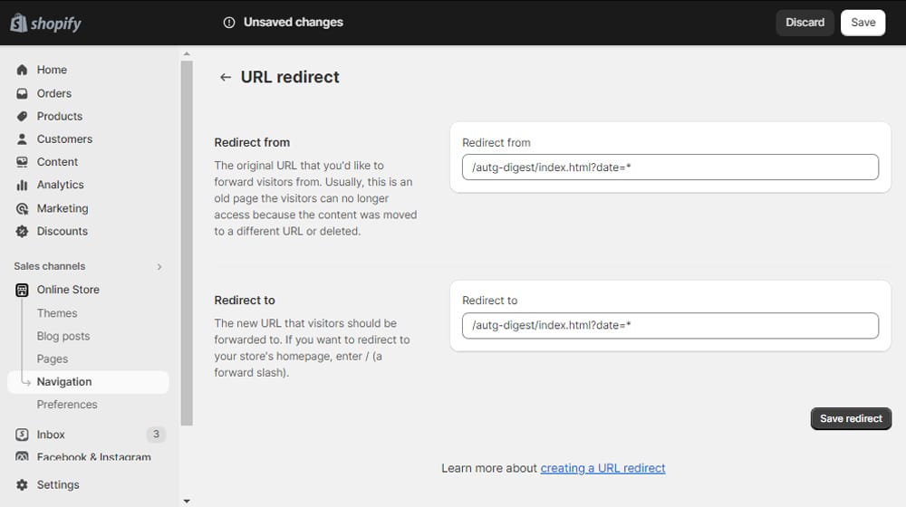 Shopify Url Redirects Page