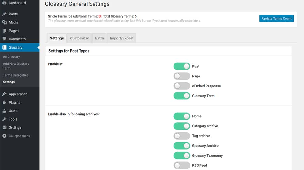 Wordpress Glossary Settings