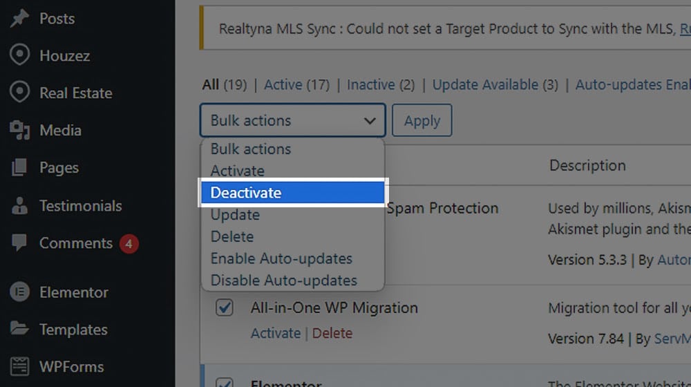 Deactivating Wordpress Plugins