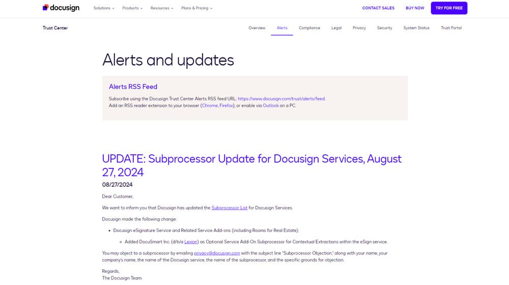 Docusign Alerts And Updates Page