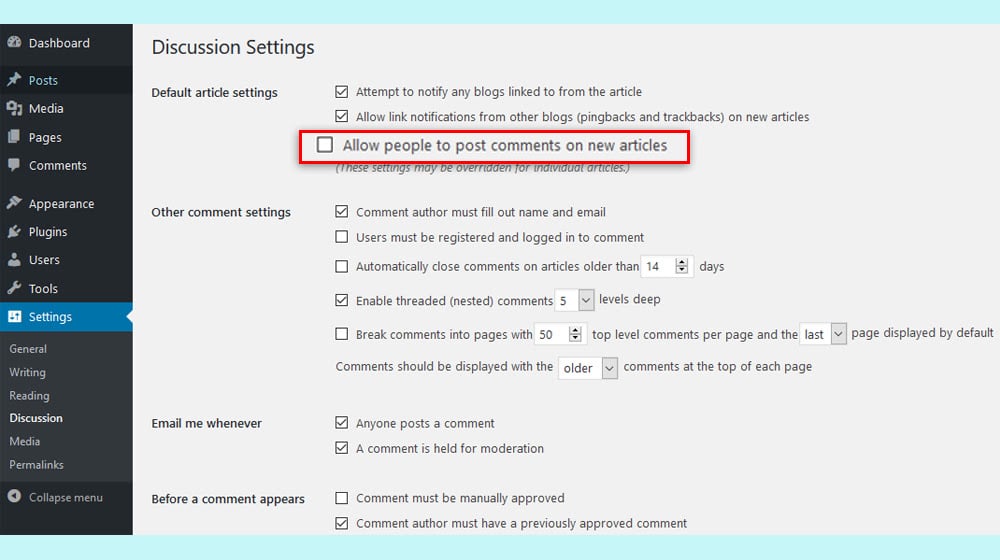 Option 1 Disabling Blog Comments